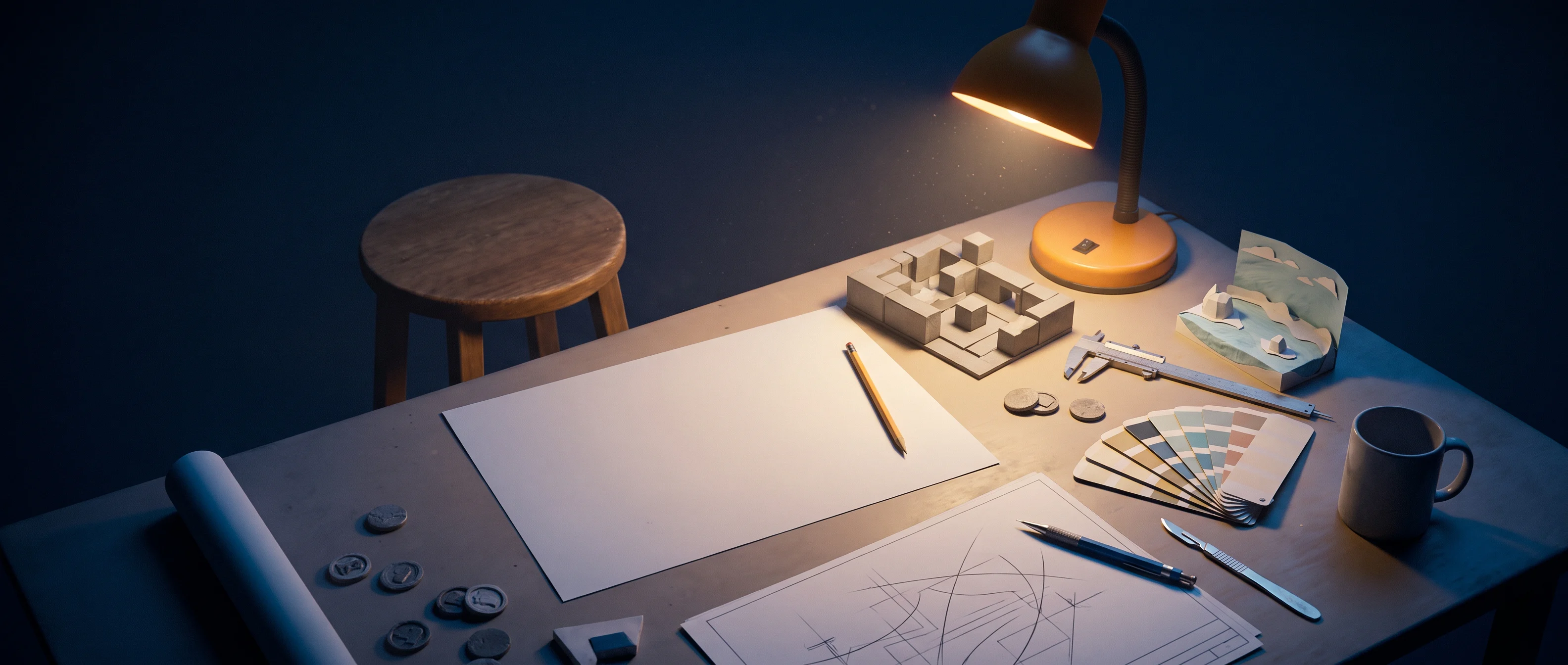A studio worktable at night under one lamp: a grey-box level model, a paper diorama, calipers and colour swatches, and an empty stool at a cleared space with a blank sheet and a sharpened pencil waiting.