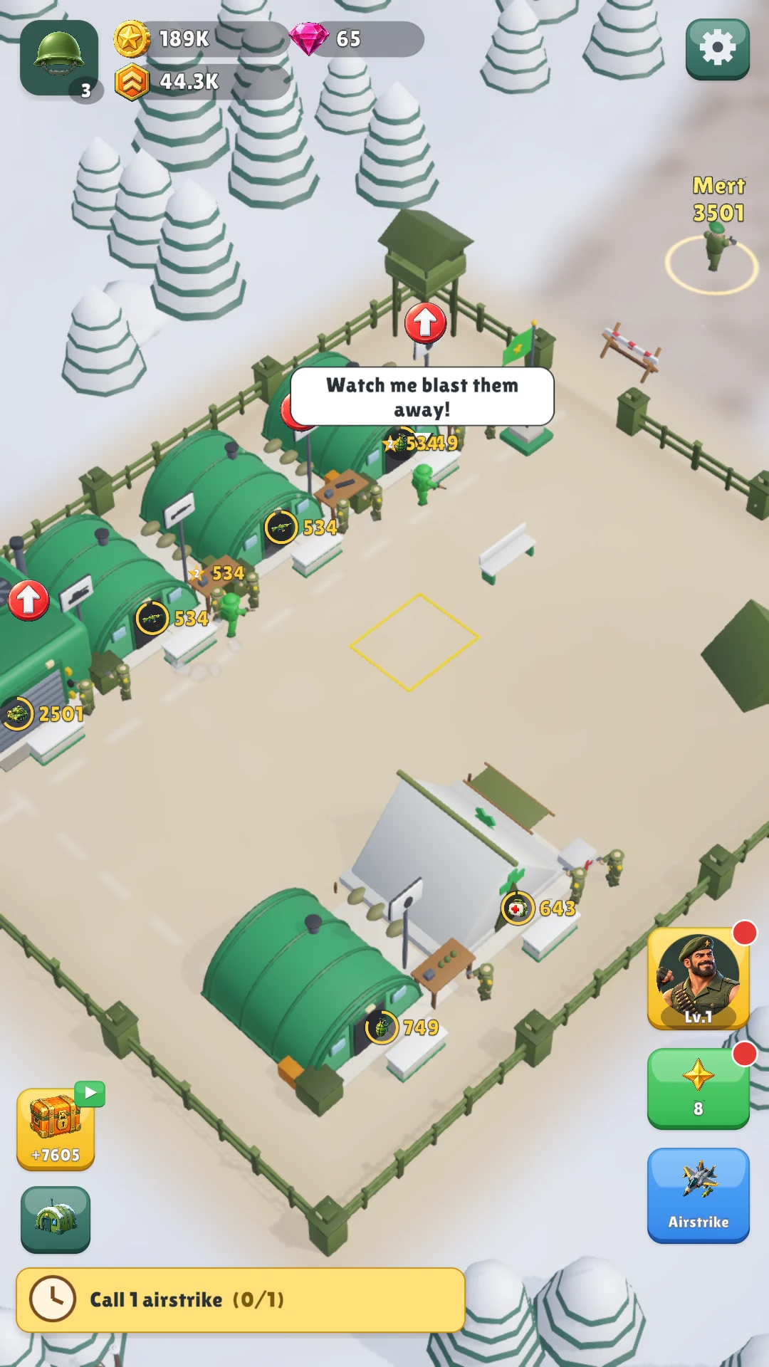 A developed winter base in Rally Front Commander, with green weapon workshops, a field hospital and Mert near the gate, captured from an English development build.