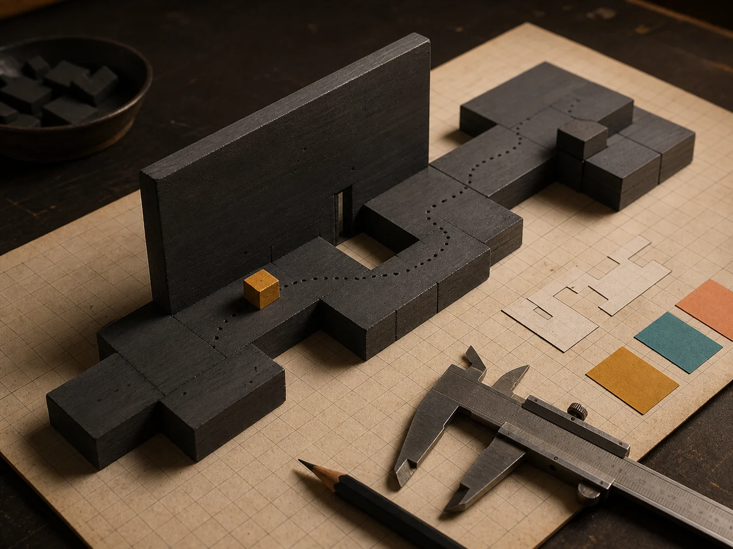A grey-box level prototype, ochre player token, caliper and colour swatches on drafting paper.