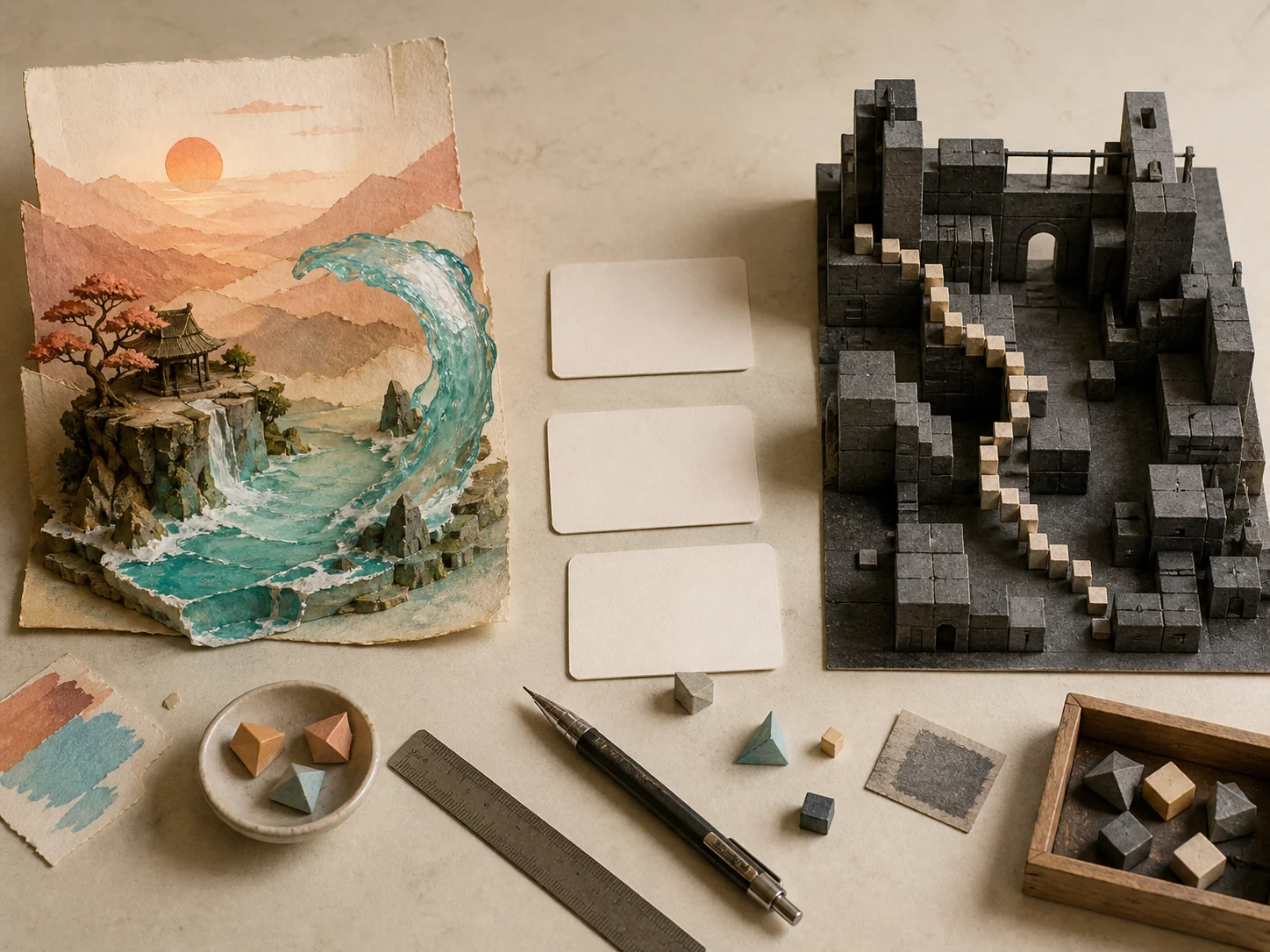 A worktable with a water-world paper diorama beside a dark block-built city prototype.