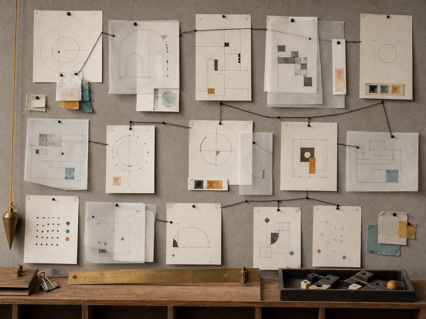 A wall of layered drawings, measurements and prototype versions connected by thread.